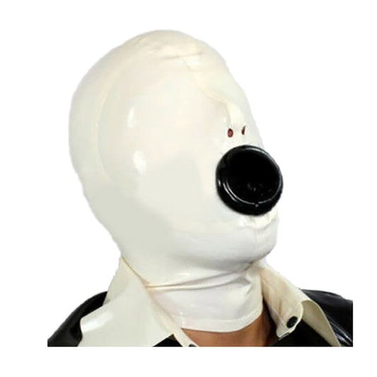 MONNIK White Latex Mask Rubber Hood with Mouth Black Sleeve for Party Wear Catsuit SM