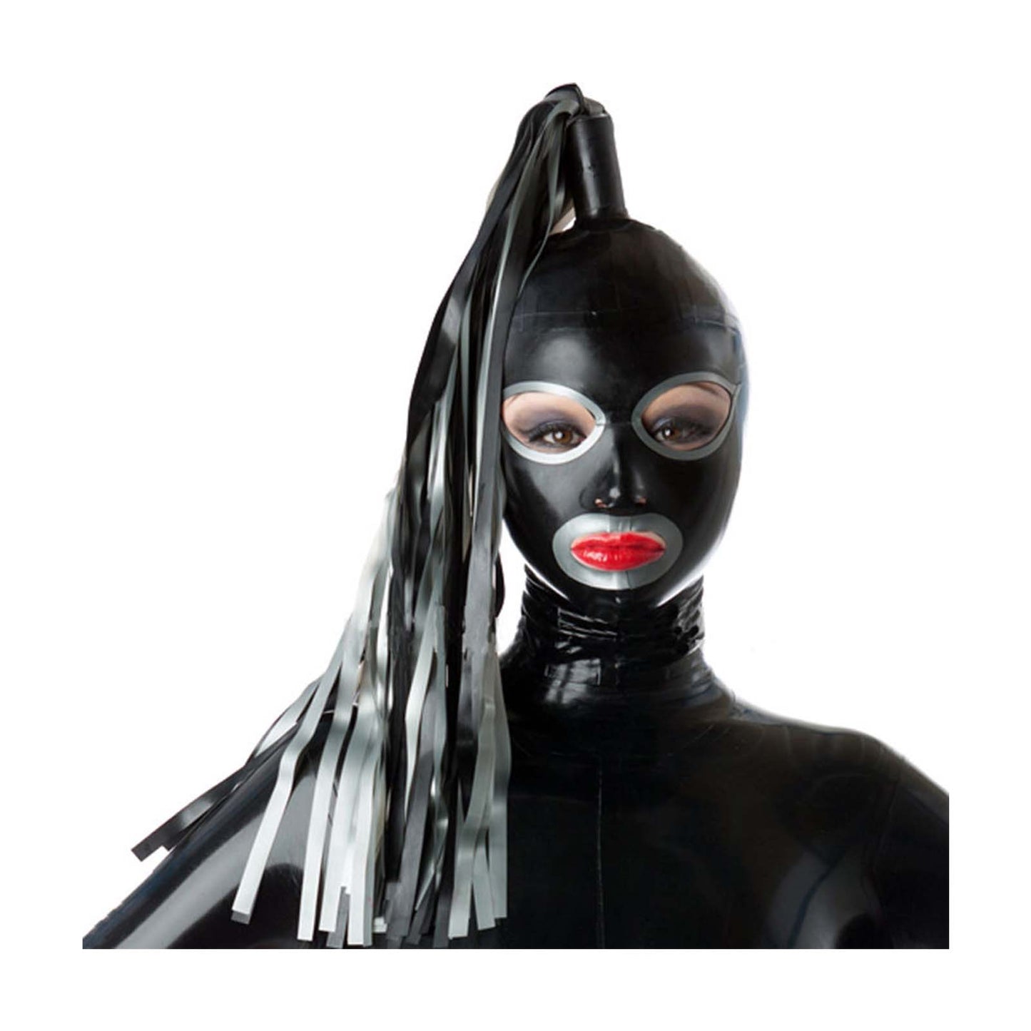 MONNIK Black Latex Hood Mask with Mouth&Eyes Open and Single ponytail rubber wigs Rear Zipper Handmade