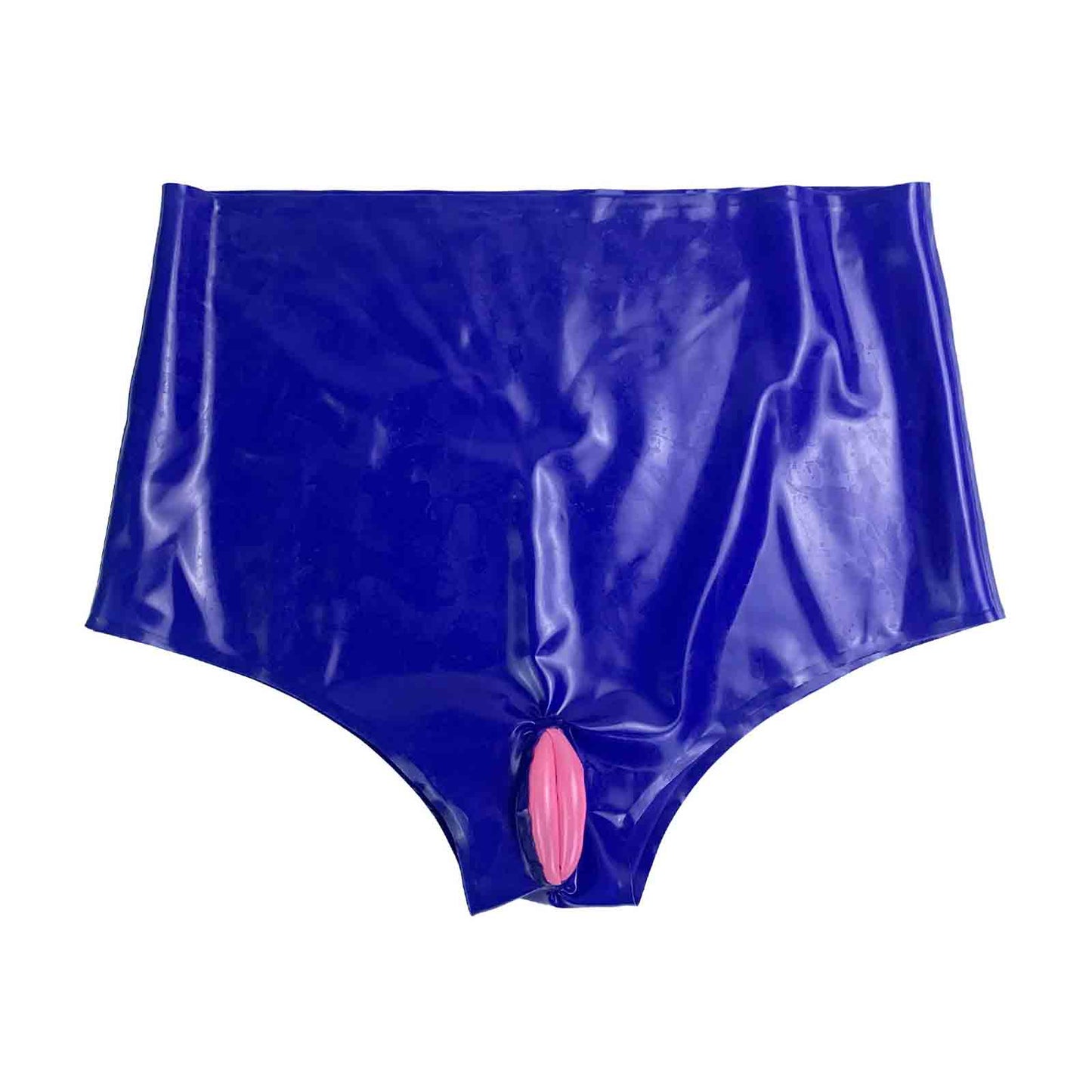 Blue Latex High Waiste Underwear with Pink Inflatable Labia&Anal Condom Briefs