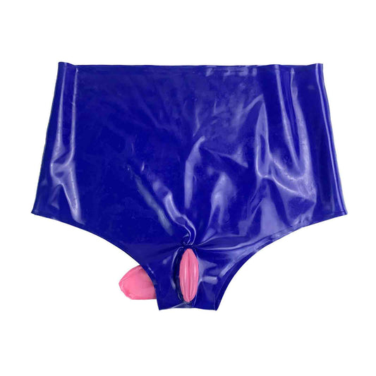 Blue Latex High Waiste Underwear with Pink Inflatable Labia&Anal Condom Briefs