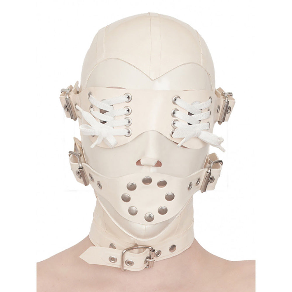MONNIK Latex Hood Rivet Buckles Mask Eyes Blindfold and Mouth Plug with Zipper Handmade for Bodysuit Party Cosplay