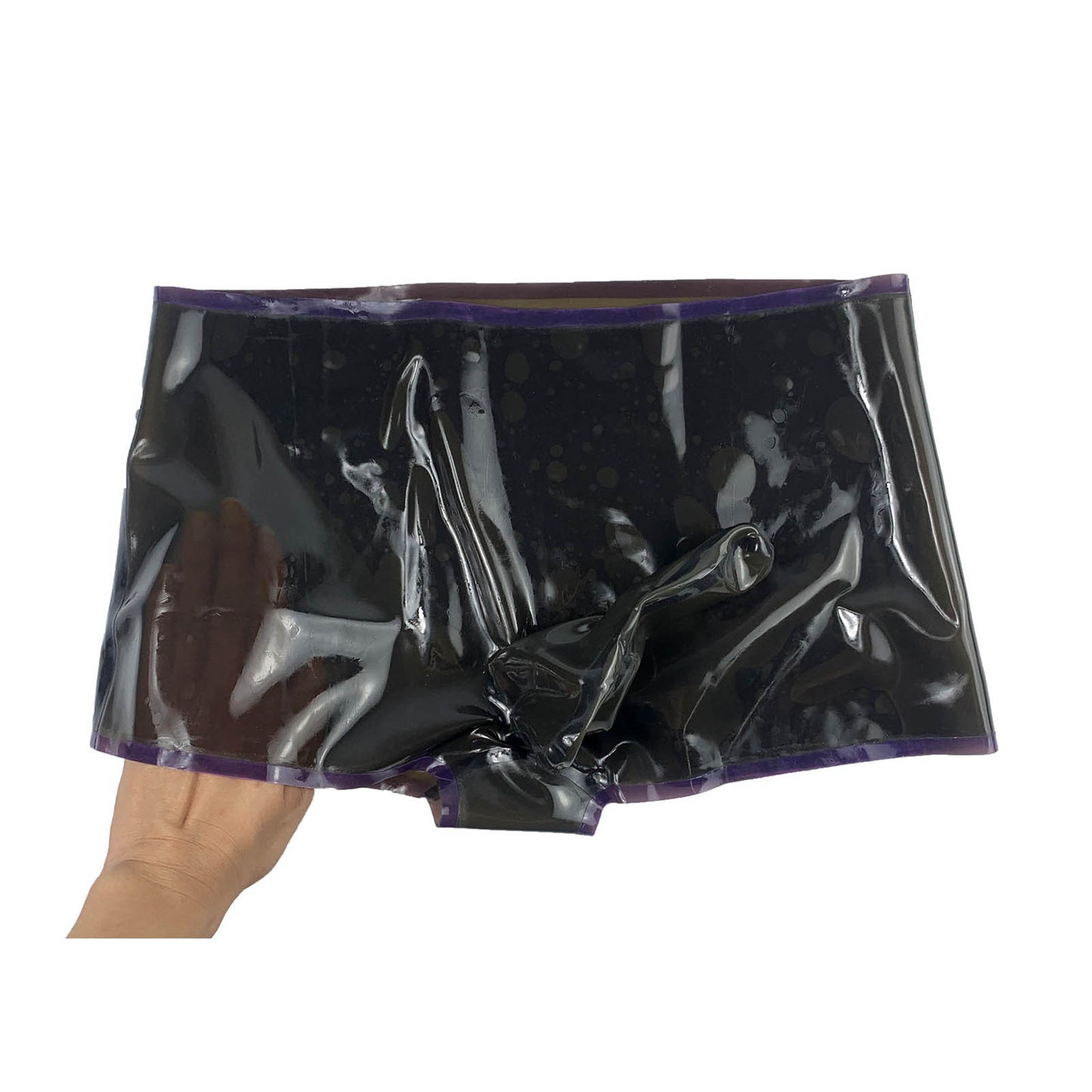 MONNIK Latex Briefs Shorts Translucent Black and Purple Stripe with Straight 18cm Condom Underwear for Fetish Party Bodysuit