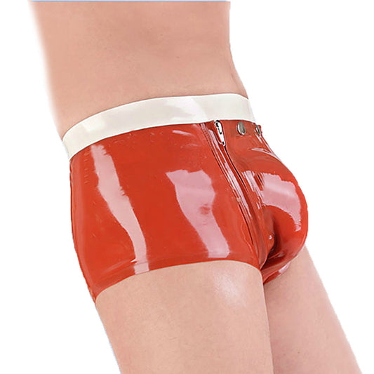 MONNIK Latex Boxer Briefs Underwear Sexy Shorts Panties Red&White Trim Tight Double Zipper Crotch Design for Bodysuit Party
