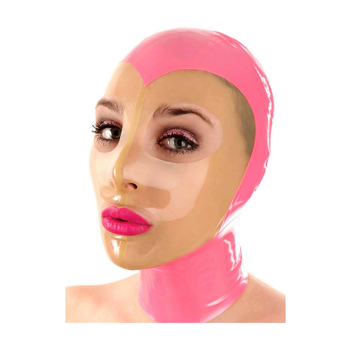 MONNIK Latex Rubber Hood Mask Open Eyes&Mouth Pink &Transparent with Rear Zipper Handmade for Catsuit Party