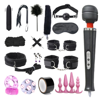 20PCS Bed Bondage Set BDSM Kits Sex Toys For Women Adults Handcuffs Whip Tail Butt Anal Plug Vibrators Massager Exotic Products