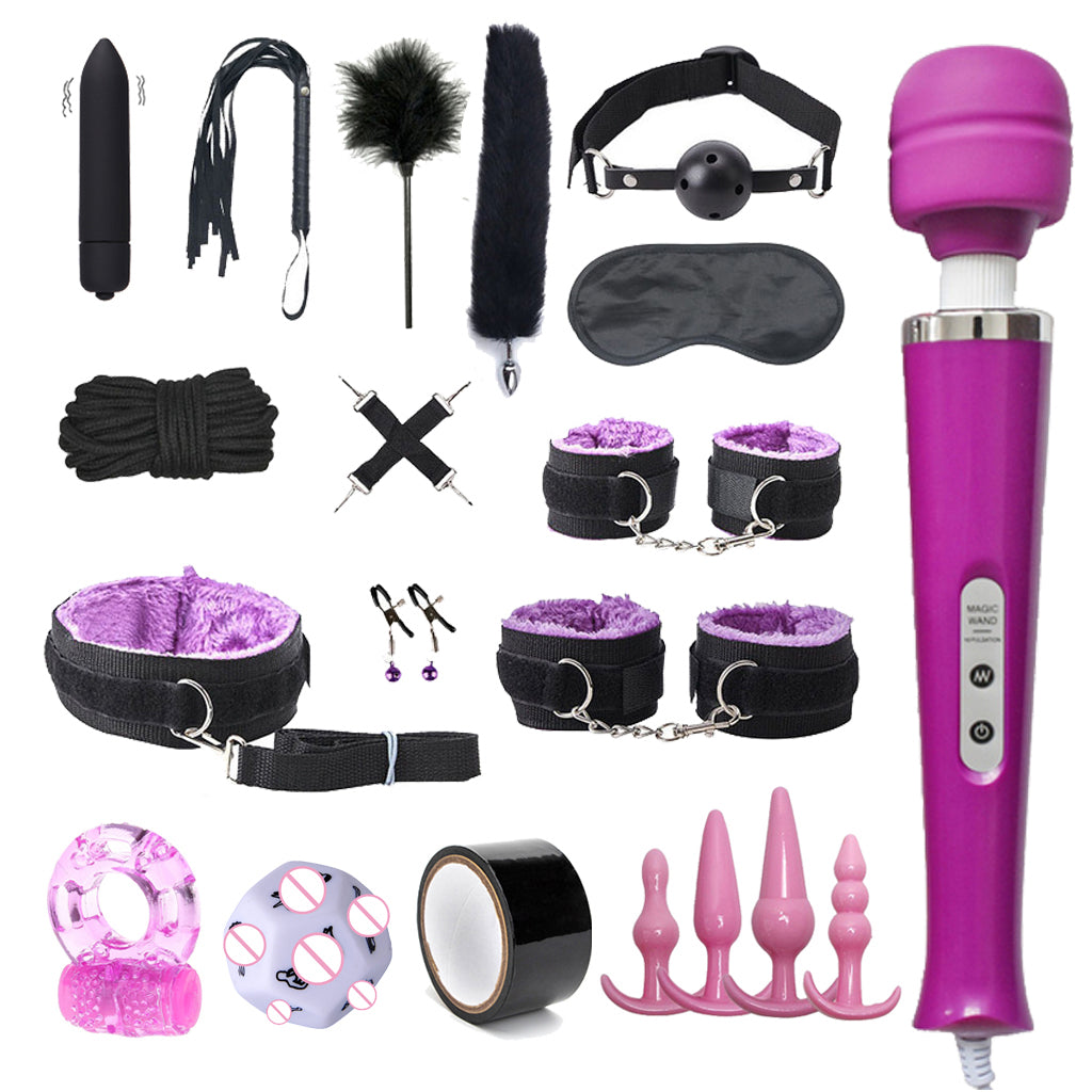 20PCS Bed Bondage Set BDSM Kits Sex Toys For Women Adults Handcuffs Whip Tail Butt Anal Plug Vibrators Massager Exotic Products