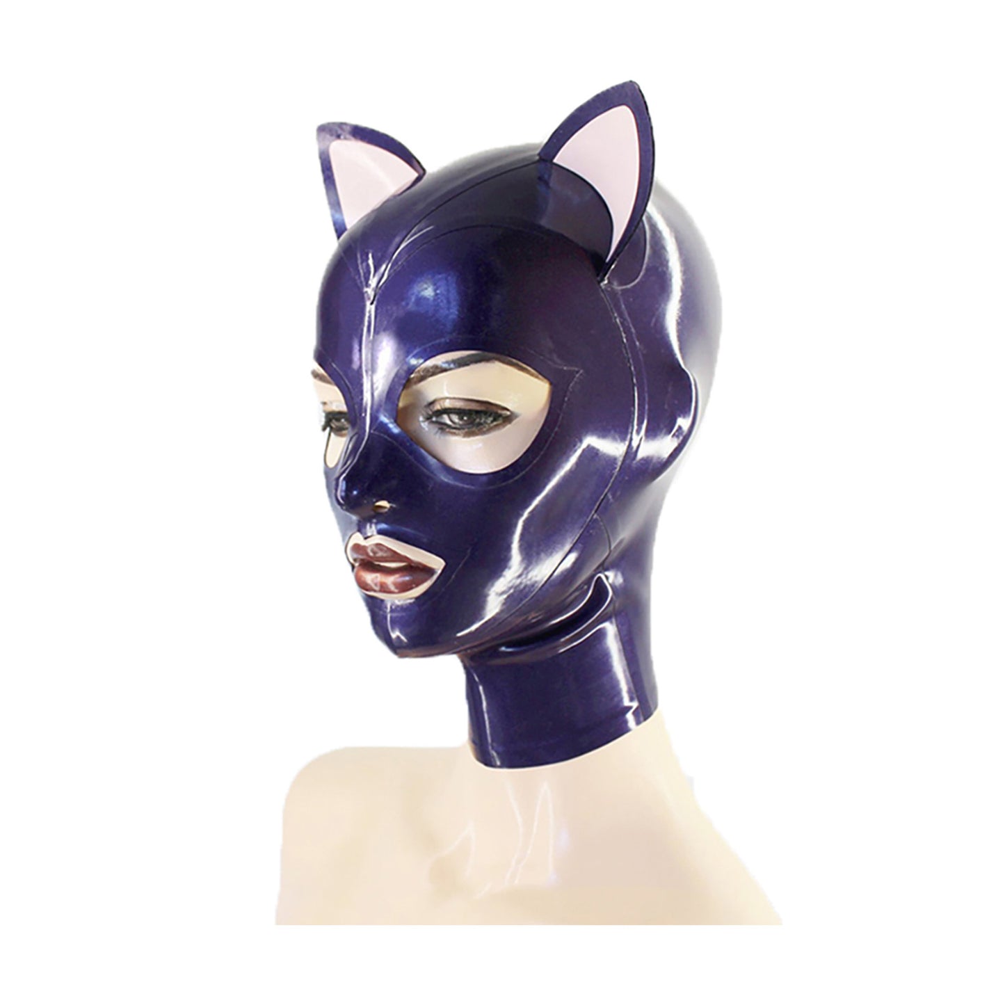 MONNIK Latex Unisex Cat Hood Mask Purple Attached Ears for Party Wear Bodysuit with Rear Zipper Handmade