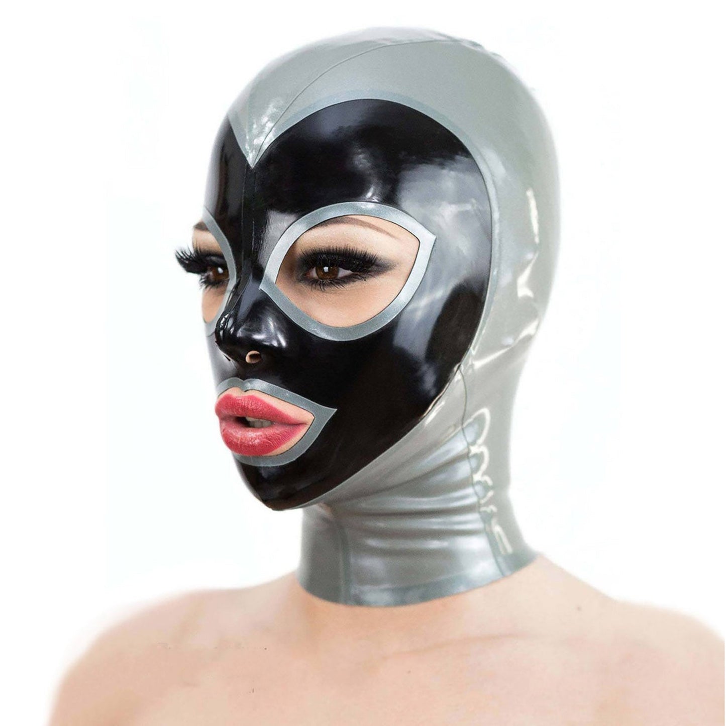 MONNIK Latex Mask Open Eyes&Mouth Grey&black Color Hood with Rear Zipper Handmade for Latex Catsuit Cosplay