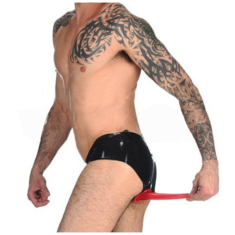 MONNIK Latex Men Briefs Shorts Front Zipper Design with Rear Red Anal Sheath Men Gay Underwear Fetish Tight Briefs Handmade