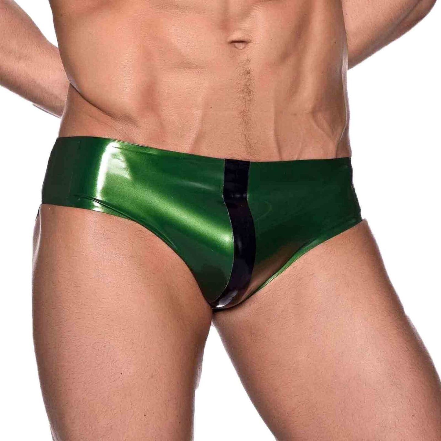 MONNIK Green and Black Trim Latex Briefs Fashion Rubber Men Shorts Tight Thong Underwear for Bodysuit