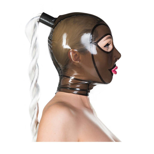 MONNIK Latex Mask Sexy Hood Brown Translucent with Ponytail Tubed Back Zipper Handmade for Catsuit Cosplay