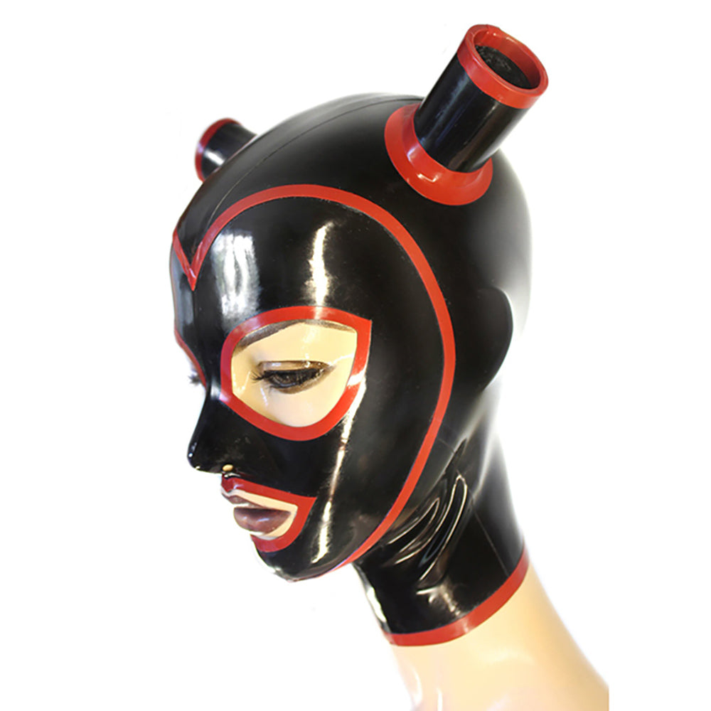 MONNIK Latex Mask Rubber Hood Black and Red Trim with Ponytail Hair Tube and Contrast Trim for Party Catsuit Cosplay