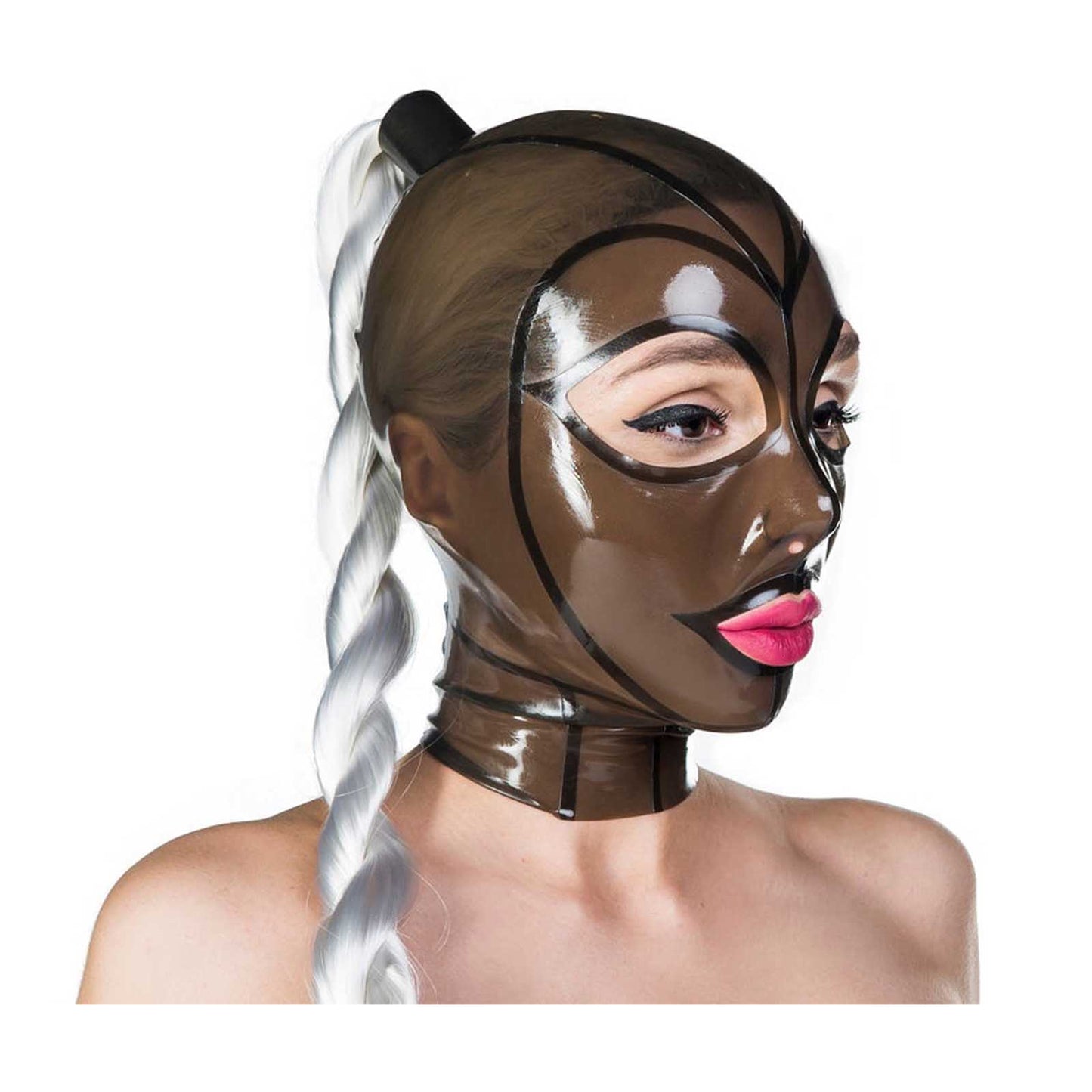 MONNIK Latex Mask Sexy Hood Brown Translucent with Ponytail Tubed Back Zipper Handmade for Catsuit Cosplay