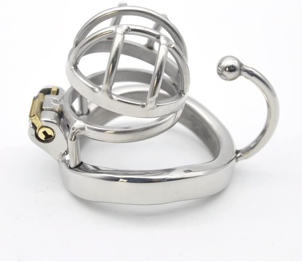 Stainless Steel Short Chastity Lock Chastity Device Male Cage Chastity Device Men's Metal Beginner Cage with Sunglasses, Hook Snap Ring (45mm)