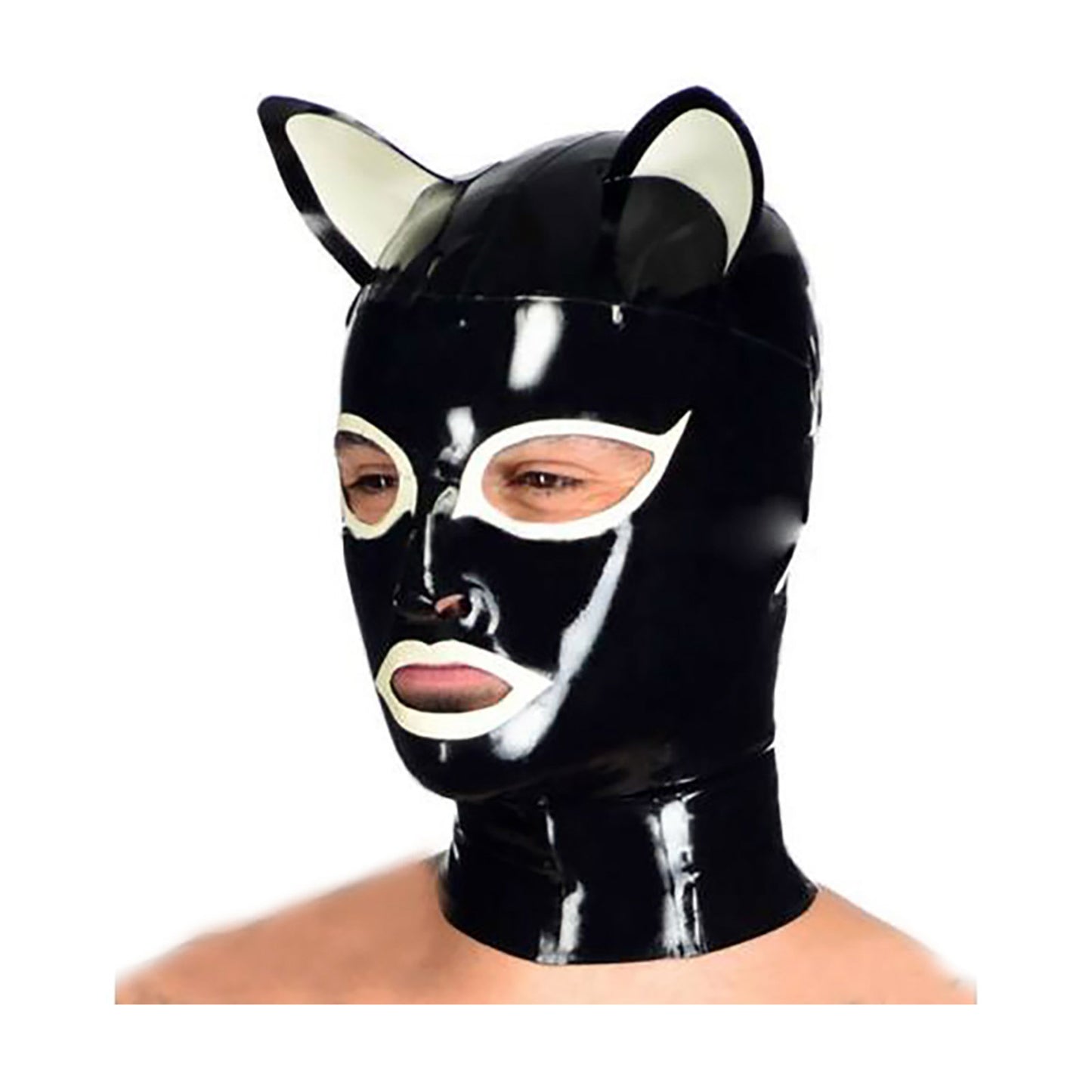 MONNIK Latex Mask Fashion Fetish Hood with White Cat Ears and Rear Zipper for Party Cosplay Halloween Catsuit