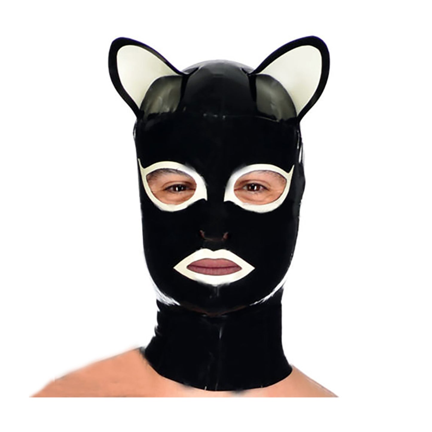 MONNIK Latex Mask Fashion Fetish Hood with White Cat Ears and Rear Zipper for Party Cosplay Halloween Catsuit