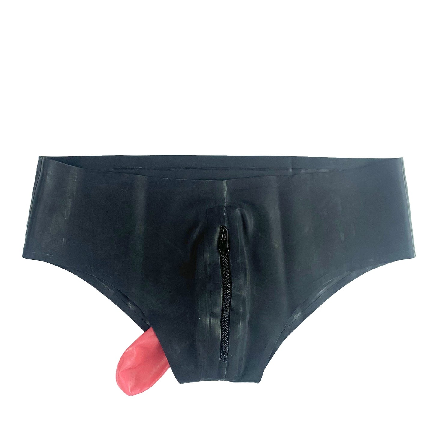 MONNIK Latex Men Briefs Shorts Front Zipper Design with Rear Red Anal Sheath Men Gay Underwear Fetish Tight Briefs Handmade