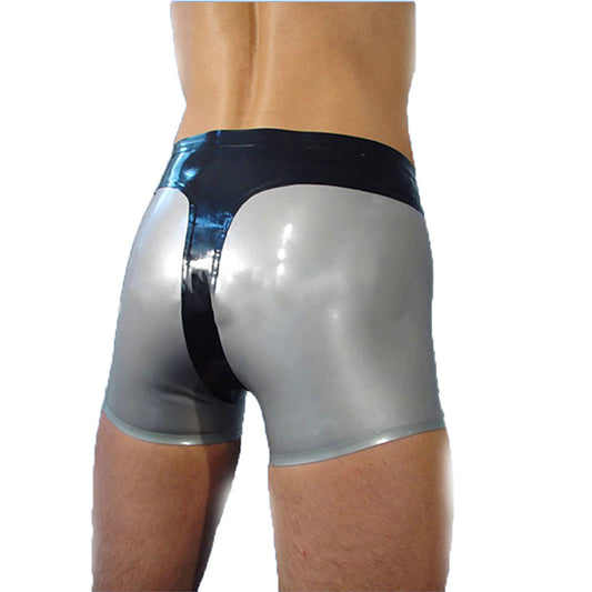 MONNIK Latex Boxer Shorts Black&silver Underwear Front Zipper with Air Bag Panties Sexy Briefs Tight Underpants for Bodysuit