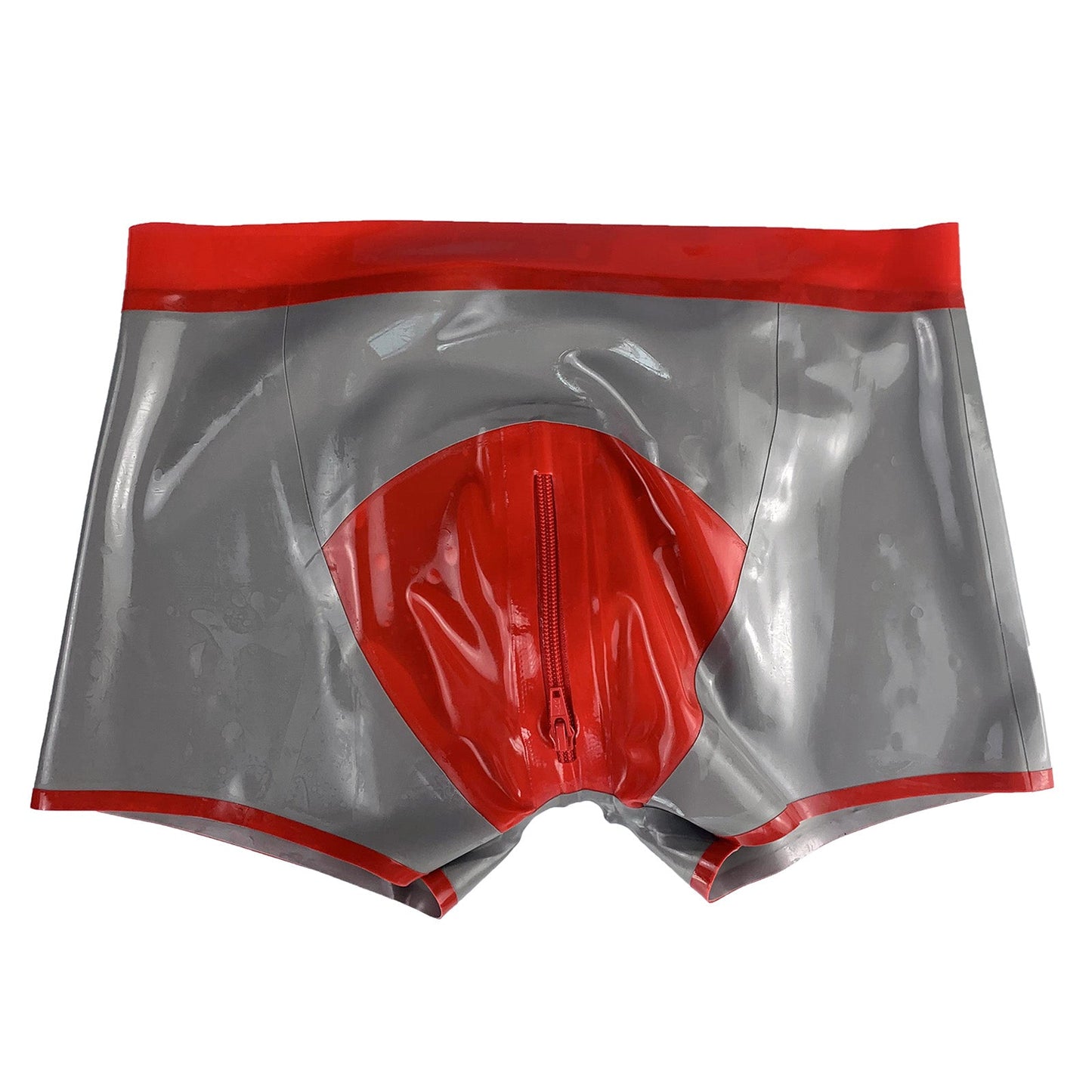 MONNIK Latex Boxer Briefs Men Shorts Gray&Red Colors with Front Zipper Design Panties Tight Underwear for Bodysuit Party