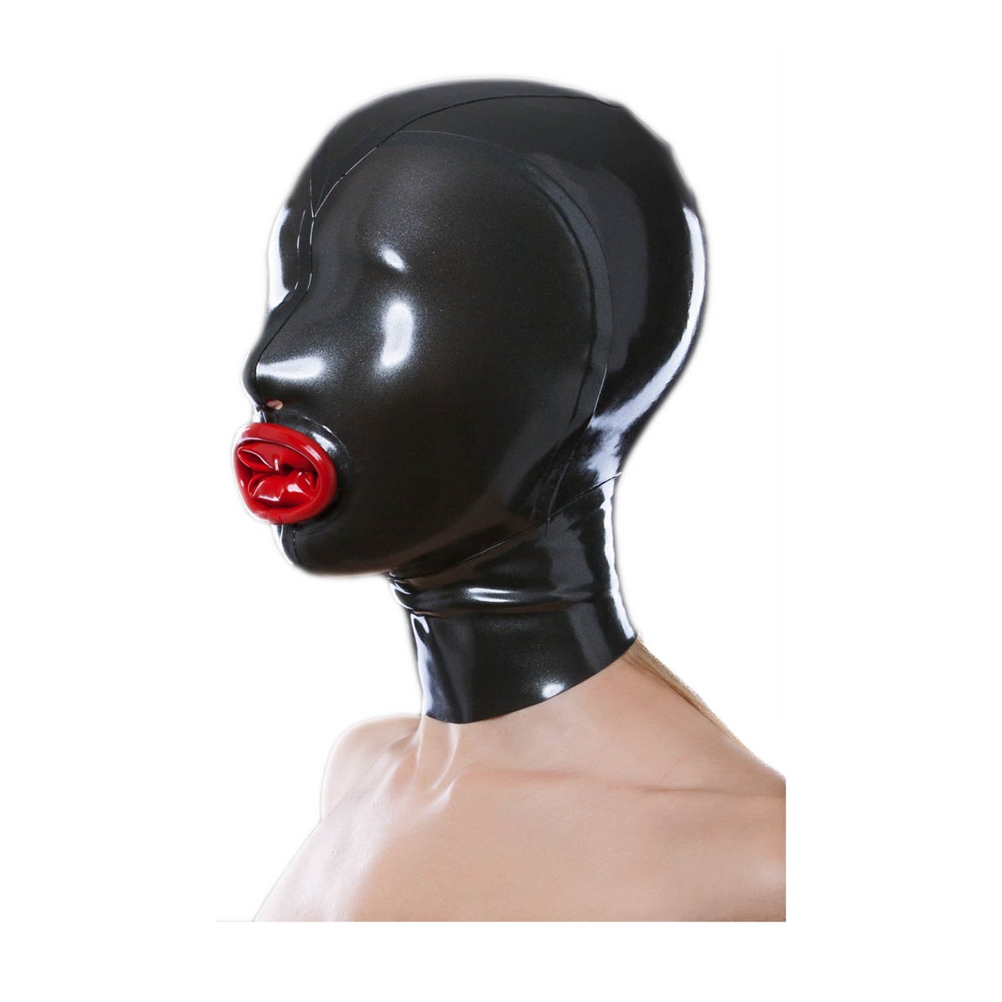 MONNIK Latex Mask Hood with Red Mouth Sleeve and Cut-outs for Nostrils with Rear Zipper Handmade