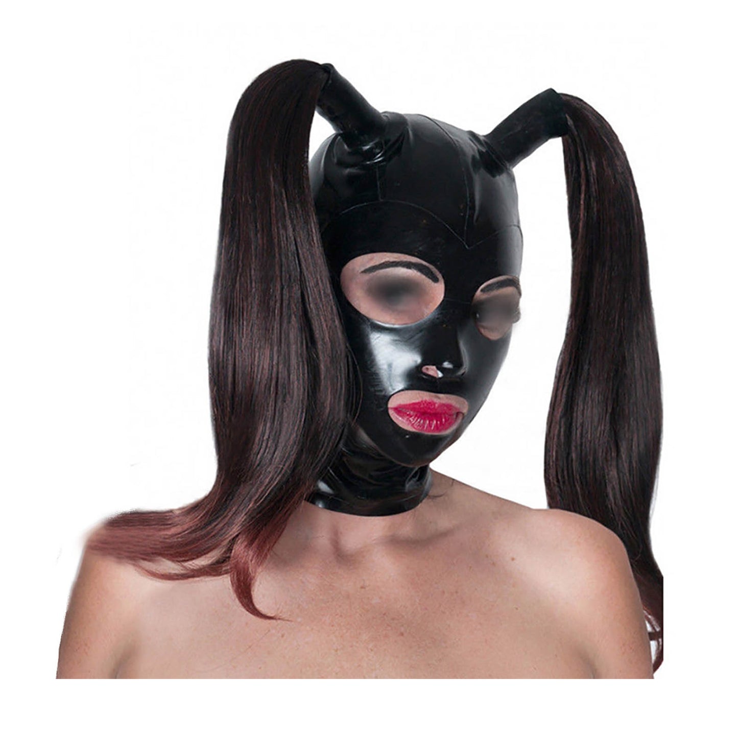 MONNIK Full Cover Latex Hood Rubber Two Ponytails Tubes Mask with Rear Zipper Handmade for Catsuit Cosplay