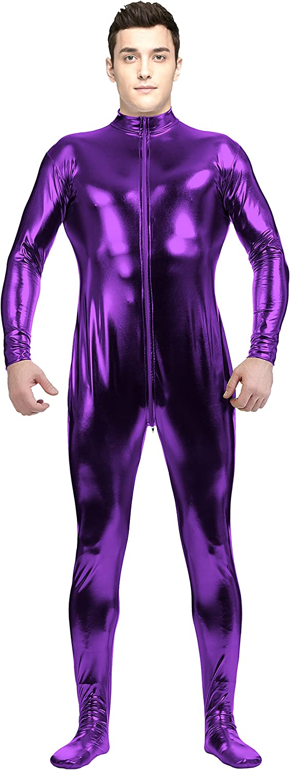 Adult Shiny Metallic Front Zipper Unitard Bodysuit Costume Spandex One piece Lycra Fabric