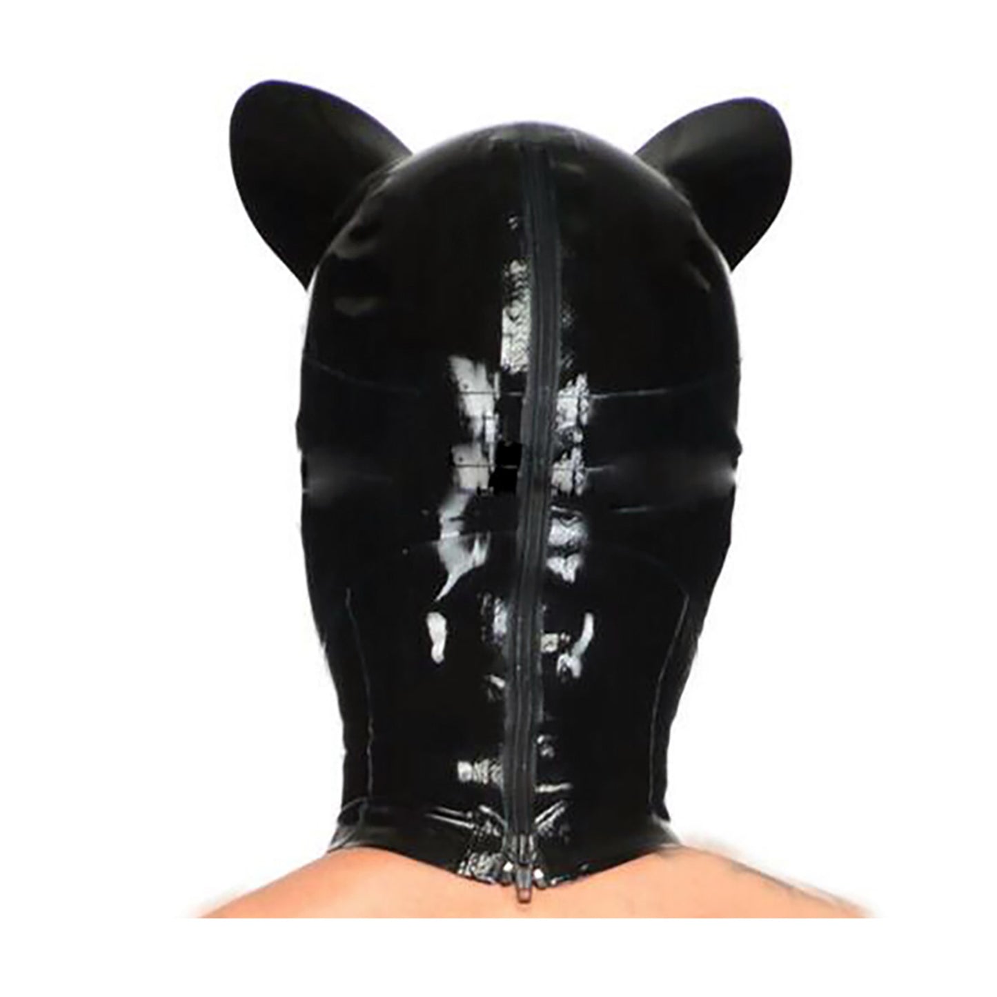 MONNIK Latex Mask Fashion Fetish Hood with White Cat Ears and Rear Zipper for Party Cosplay Halloween Catsuit