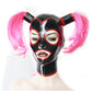 MONNIK Latex Mask Rubber Hood Black and Red Trim with Ponytail Hair Tube and Contrast Trim for Party Catsuit Cosplay