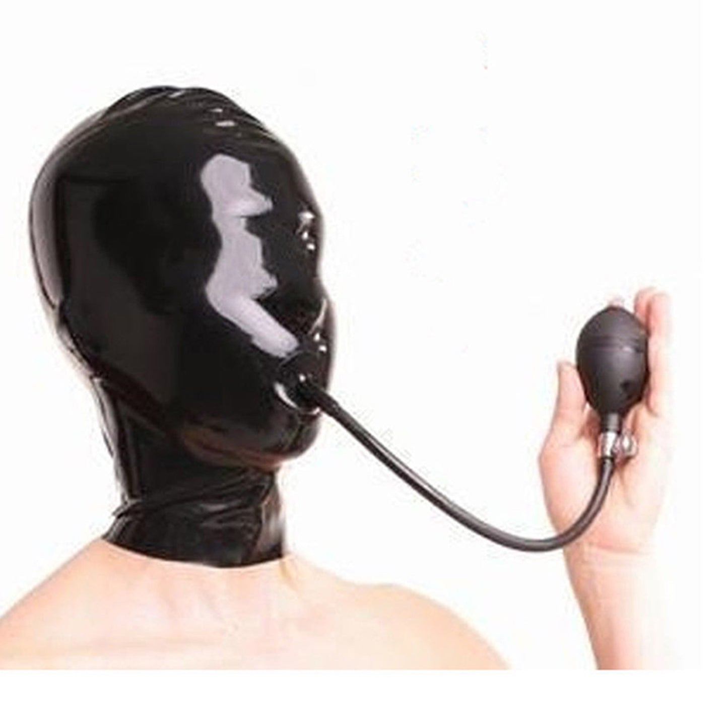 MONNIK Fetish Latex Mask Hood Open Nose with Mouth Cuffs Inflatable Expanding Restraint for Party Clubwear Catsuit