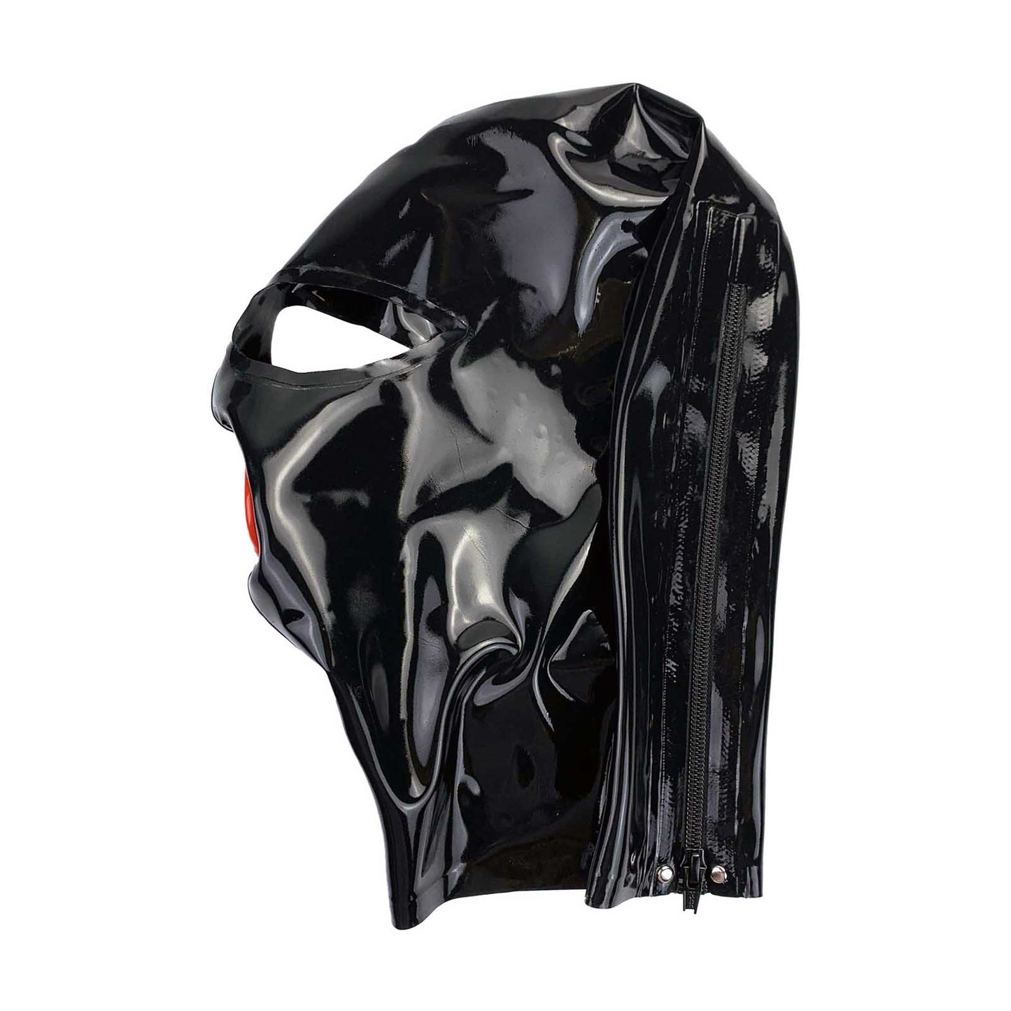 MONNIK Latex Mask Hood with Red Mouth Sleeve and Cut-outs for Nostrils with Rear Zipper Handmade