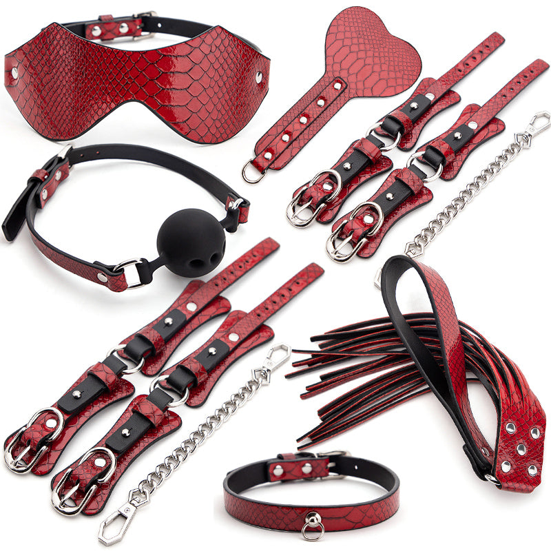 BDSM Bed Bondage Set Slave PU Leather Handcuffs Collar Whip Gag Adult Product Sex Toys Kits for Women Couples Gay