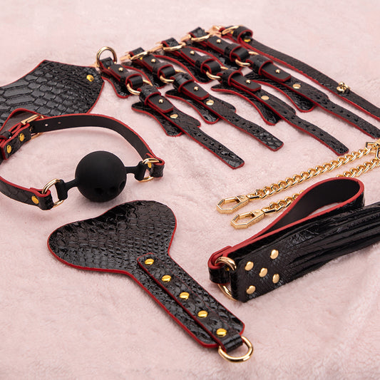 BDSM Bed Bondage Set Slave PU Leather Handcuffs Collar Whip Gag Adult Product Sex Toys Kits for Women Couples Gay