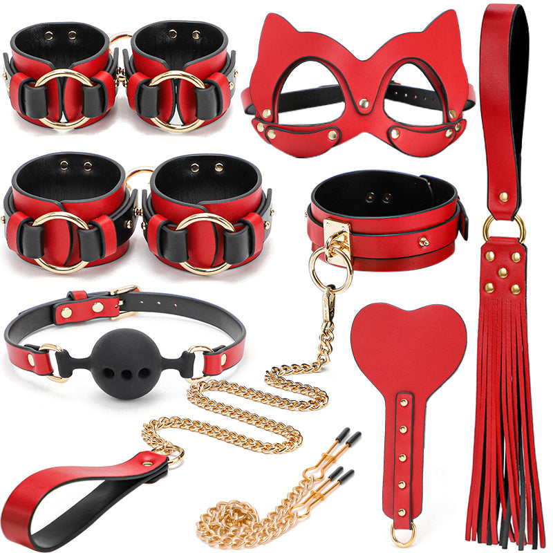 BDSM Kits Genuine Leather Bondage Set Fetish Handcuffs Collar Gag Whip Erotic Sex Toys For Women Couples Adult Games