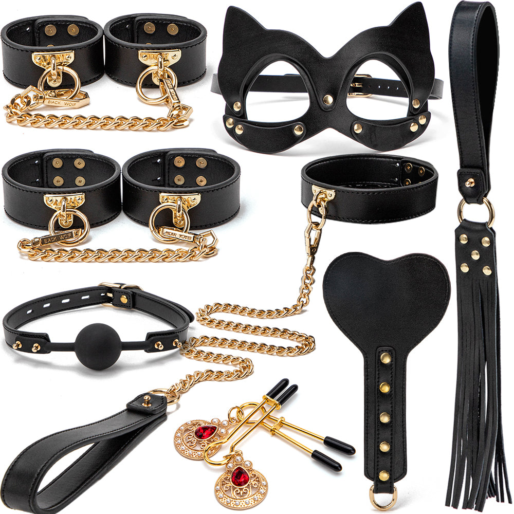 BDSM Kits Genuine Leather Bondage Set Fetish Handcuffs Collar Gag Whip Erotic Sex Toys For Women Couples Adult Games