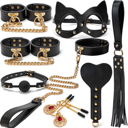 BLACKWOLF BDSM Kits Genuine Leather Bondage Set Fetish Handcuffs Collar Gag Whip Erotic Sex Toys For Women Couples Adult Games