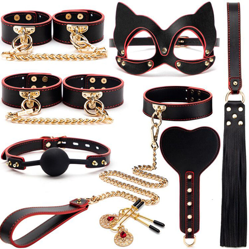 Erotic Bed Bondage Kits Slave Restraint Bondage Set PU leather Handcuffs Collar Gag Whip Adult Sex Toys For Women Couples