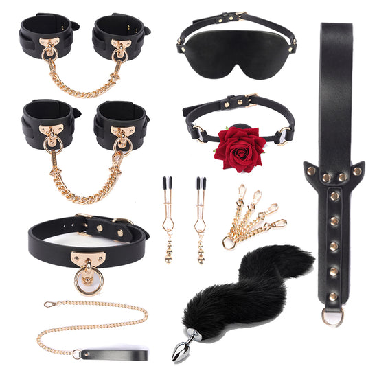 Luxury Bed Bondage Set Genuine leather BDSM Kits Restraint Handcuffs Collar Gag Erotic Sex Toys For Women Couples Adult Games