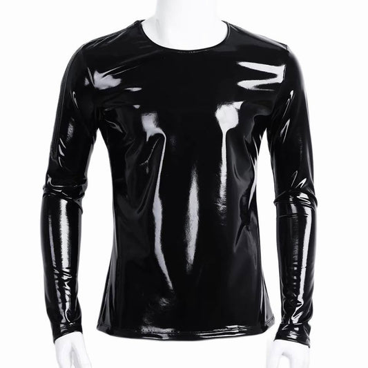 Mens Sexy Glossy PVC Leather Long Sleeve Shirt Erotic Shaping PU Casual Coat Male Shiny Metallic Patent Leather T-shirts Sexi