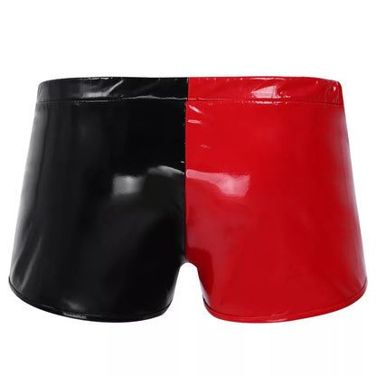 Mens Sexy Open Crotch Glossy Leather Boxer For Sex Shaping PU Shorts Zipper Crotchless Male Shiny Leather Short Pants Sexi