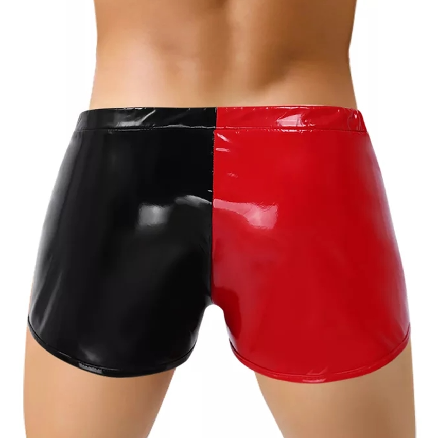 Mens Sexy Open Crotch Glossy Leather Boxer For Sex Shaping PU Shorts Zipper Crotchless Male Shiny Leather Short Pants Sexi