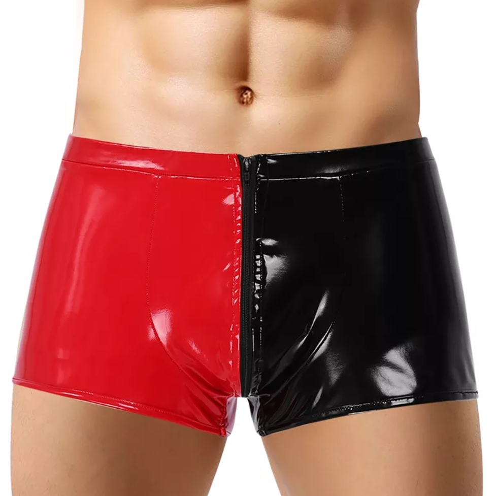 Mens Sexy Open Crotch Glossy Leather Boxer For Sex Shaping PU Shorts Zipper Crotchless Male Shiny Leather Short Pants Sexi