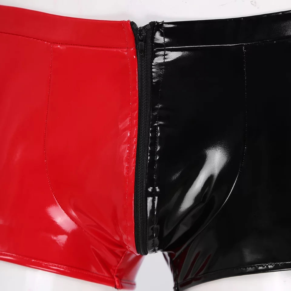 Mens Sexy Open Crotch Glossy Leather Boxer For Sex Shaping PU Shorts Zipper Crotchless Male Shiny Leather Short Pants Sexi