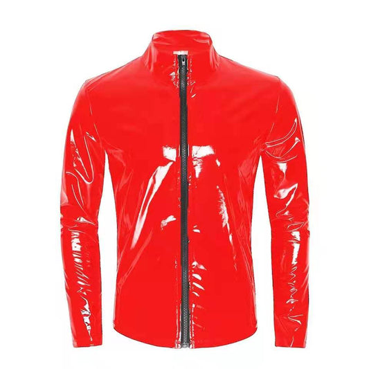 S-7XL Plus Size Mens Sexy Shiny Wetlook Leather Shirt Erotic Shaping Sheath Casual Coat Male Glossy PVC Leather Jacket Tops Sexi