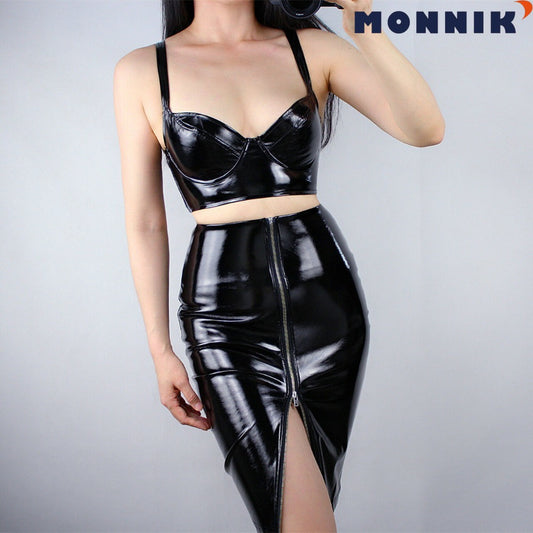 MONNIK latex Shine Black, White and Red High Rise Zipper Ladies skirt Women's latex dress Underwear and Gigh Waist Skirt 2-piece Suit