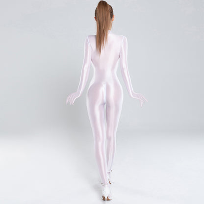 Silky See Through Rompers Shiny Glossy Sexy Jumpsuits Women Full Body Long Sleeve Finger Gloves Clubwear High Elastic Bodysuits