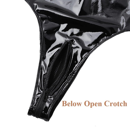 Women Erotic Below Open Crotch Leather Bodysuit Zipper Porn Crotchless Jumpsuit Patent Leather Spaghetti Strap Dress Adjustable