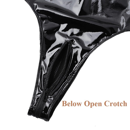 Women Sexy Below Open Crotch Leather Bodysuit For Sex Erotic Bottom Crotchless Jumpsuit Ladies Glossy Wetlook PU Lingerie Set