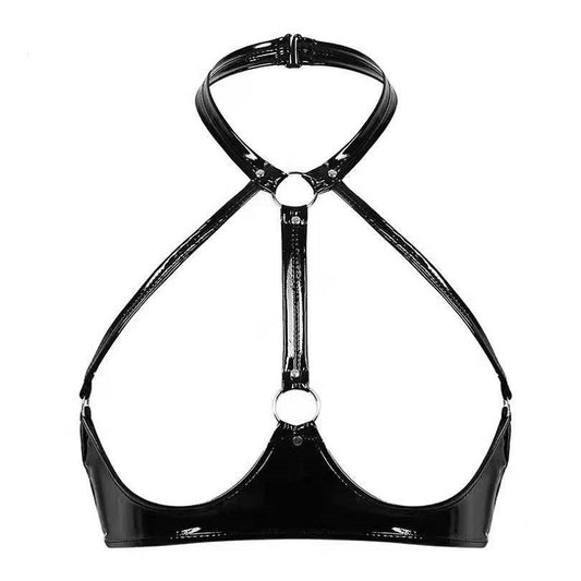 Women Sexy Glossy Open Cup Leather Bra Hollow Out Shaping Camisole Porn Breast Exposing PU Shiny Leather Crop Tank Tops Sexi