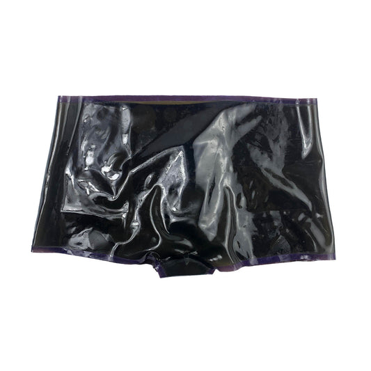 MONNIK Latex Briefs Shorts Translucent Black and Purple Stripe with Straight 18cm Condom Underwear for Fetish Party Bodysuit