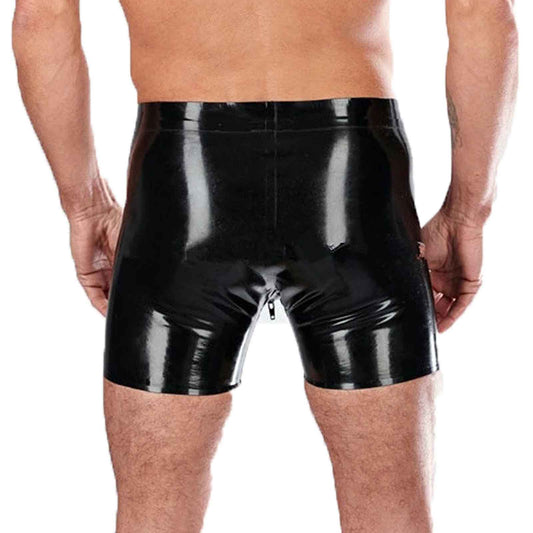 MONNIK Black Latex Underwear Handmade Costumes Pants Tight Trouser Leggings Front Zipper Shorts Briefs for Party Bodysuit